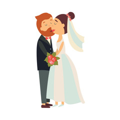 vector flat cartoon groom in tuxedo with beard and bride in veil and white dress newlywed couple kissing each other. Illustration isolated on a white background. Wedding concept character design