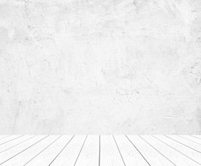 Empty white cement wall and wooden floor, room in perspective view, grunge background, interior design, product display montage, vintage style