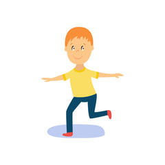 Fototapeta na wymiar vector flat cartoon boy child dancing alone in yellow t-shirt smiling. Little dancer male character. Isolated illustration on a white background. Kids party concept