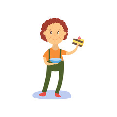 vector flat cartoon boy kid holding plate with tasty delicious piece of cake smiling happily. isolated illustration on a white background. Kids patty concept