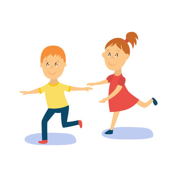 vector flat cartoon boy, girl child dancing in yellow t-shirt smiling. Little dancer male character. Isolated illustration on a white background. Kids party concept