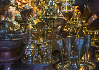 Brass utensils and handicrafts at the souvenir market, Thamel, Kathmandu, Nepal
