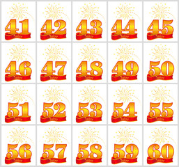 Set of gold numbers from 41 to 60 and the word of the year on the background of a red ribbon. Vector illustration. Translated from the German - Years