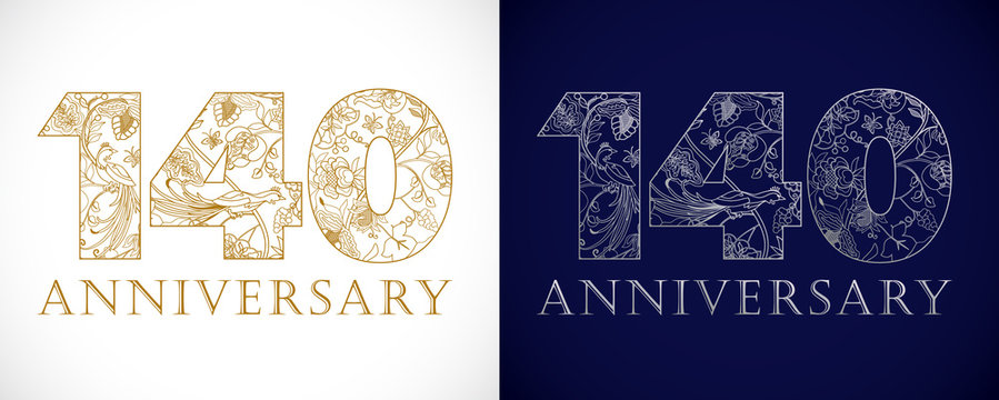 140 years old luxurious celebrating numbers. Template golden, silver colored happy anniversary decorating greetings, set of 1st, 4th place, one, four, 0 or letter O traditional congratulating pattern.