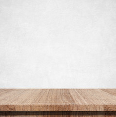 Empty wooden table over white cement wall, vintage, background, template, product display montage