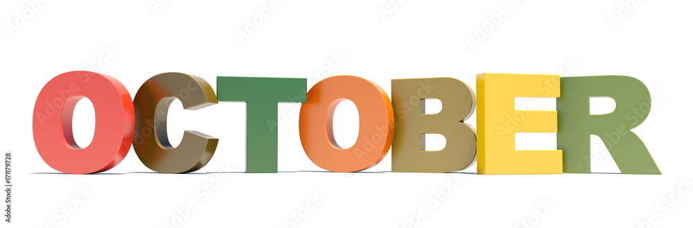 Wall mural october - calendar month wide banner with colored letters on white background 3d rendering
