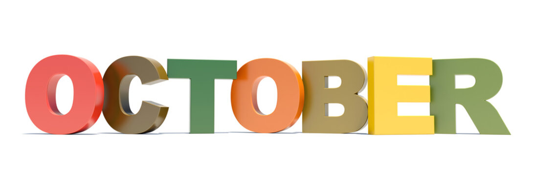 October - calendar month wide banner with colored letters on white background 3D rendering