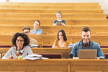 Cheerful students studying in lecture hall