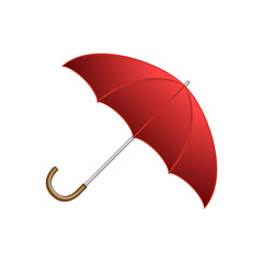 Red shiny open umbrella, typical autumn accessory, cartoon style vector illustration isolated on white background. Cartoon style red open shiny umbrella, fall, autumn season object