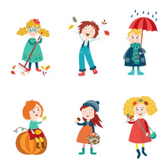 Kids, children enjoy fall, autumn activities - leaves, umbrella, mushroom, pumpkin, flat style cartoon vector illustration isolated on white background. Cartoon kids, boys and girls enjoy autumn, fall