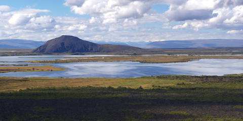 Fototapeta na wymiar Myvatn - a lake in northern Iceland, view from the Hverfjall volcano