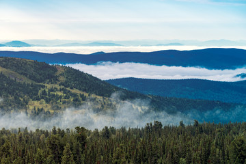 Fototapeta premium Morning mist over the tops of mountain and woods at spectacular sunrise