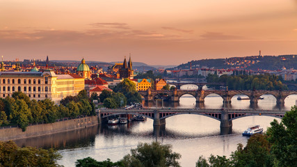 Fototapeta na wymiar Vltava river in Prague, Czech Republic at the sunset