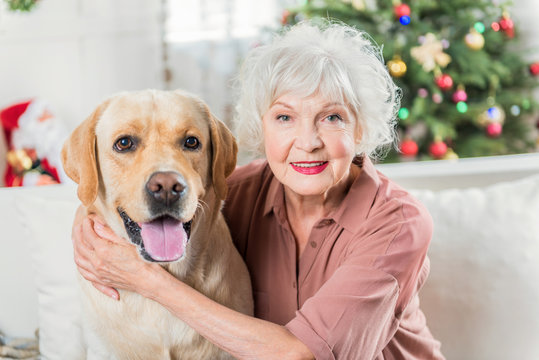Cheerful old female is posing with her Labrador