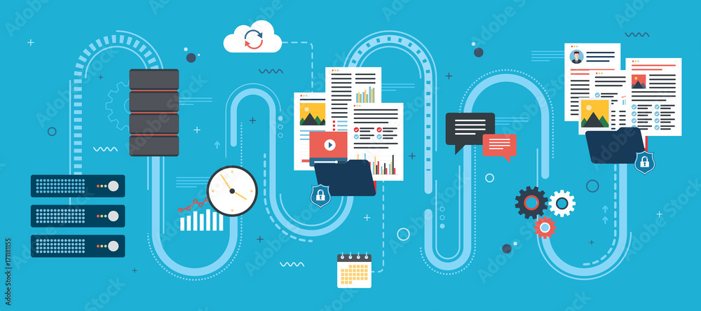 Poster flat design concepts for shared data, documents, videos and photos.internet computer users download 