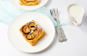 Homemade plum fruit pie slice on a plate