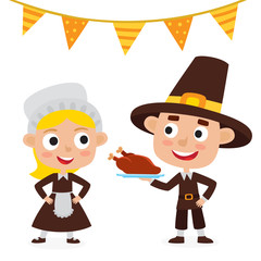 Happy thanksgiving day. Greeting card with people characters and holiday food.