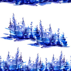     Seamless watercolor pattern, background. Blue spruce, pine, cedar, larch, abstract forest, silhouette of trees. 