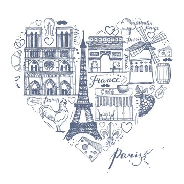 The sketches about France and Paris in the shape of a heart