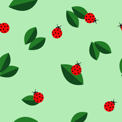 Ladybugs and leaves texture. Vector seamless pattern