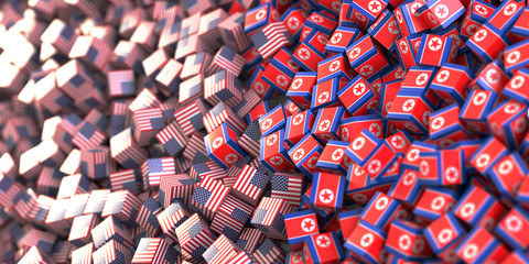 North Korea and United States political conflict, original 3d rendering conceptual illustration, original flag textures