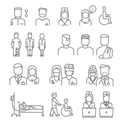 Hospital staff thin line icons set