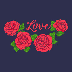 Embroidery with red roses on bllu jiens background