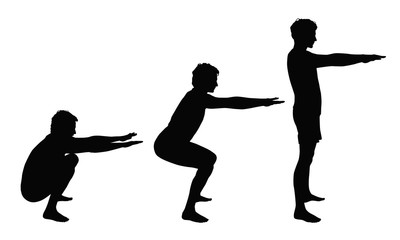 Black vector silhouettes of young man showing right squat positions isolated on white background