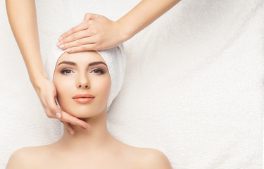Portrait of a woman in spa. Massage healing procedure. Health care, skin lifting and medical...
