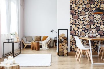 Apartment with wooden log wallpaper