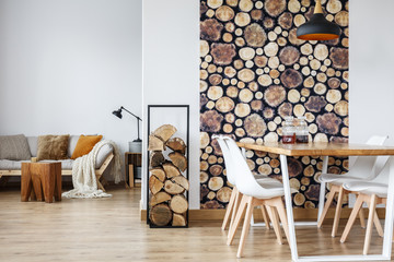 Dining room interior with firewood