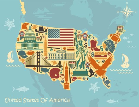 Stylized map of USA with traditional symbols