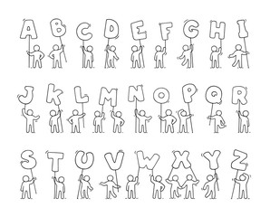 Cartoon icons set of sketch little people with letters.