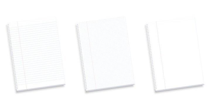 Set of notebooks - lined, squared and blank pages with red margin for corrections. Isolated realistic vector illustration on white background.