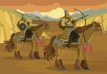 mongolian rider calvary in asian desert