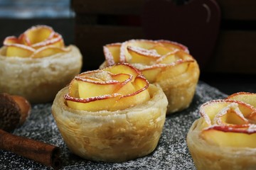 Apple Rose puff pastry Tart / Fall baking, selective focus