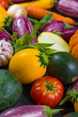 Fresh organic vegetables - round courgette, small eggplants, tomatoes, diet concept, Italian and French food, healthy food.