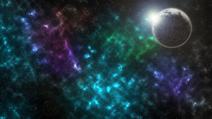 Starry outer space background texture. The sun is behind the dead planet.