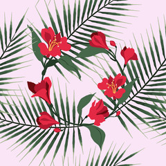 Floral seamless vector pattern. Red flowers alstromeria. Vintage banner. Exotic tropical palm leaf on pink background.