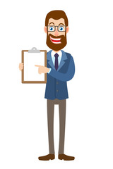 Hipster Businessman pointing at clipboard