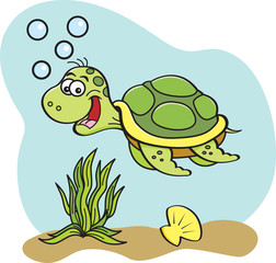 Cartoon illustration of a sea turtle swimming underwater.