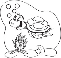 Black and white illustration of a sea turtle swimming underwater.