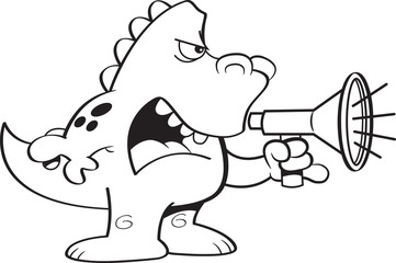 Black and white illustration of a dinosaur shouting into a megaphone.