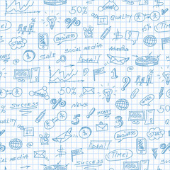 Seamless pattern on the theme of business , simple contour icons, blue  contour  icons on the clean writing-book sheet in a cage
