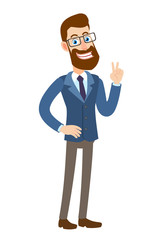 Hipster Businessman showing victory sign. Two thumbs up
