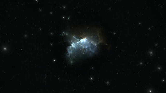 Flying through nebula and star fields after the supernova explosion in deep space, animation