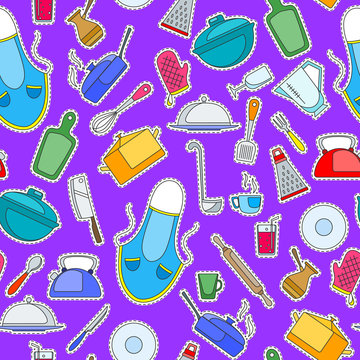 Seamless pattern on the theme of cooking and kitchen utensils, simple painted patchr icons on purple background