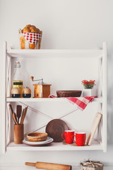 White wooden shelf, kitchen rustic furniture