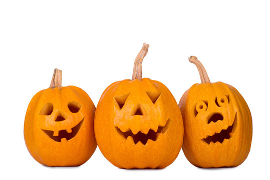 Halloween pumpkin, three funny face isolated on white background