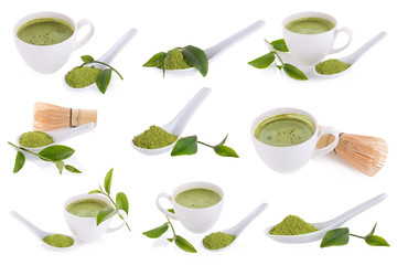 matcha powder in White ceramic spoon isolated on white background